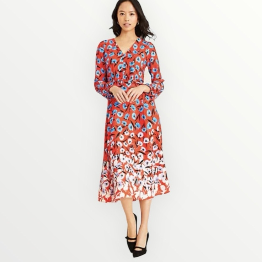 ANN TAYLOR Red Blue Poppy Floral V-Neck Midi Dress Sundress Party Resort Trip 2